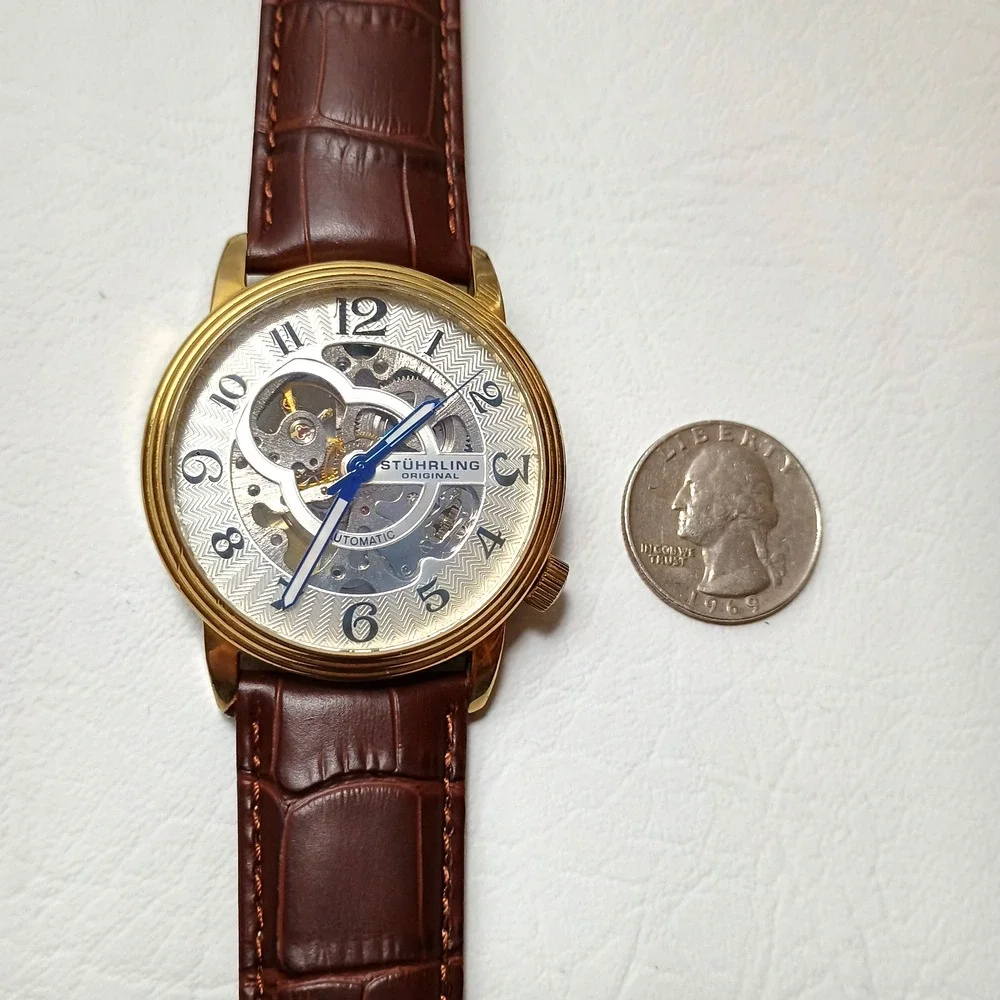 Stuhrling Delphi Oracle 107BG Automatic 44mm Skeleton Watch Gold toned Leather - Picture 7 of 16